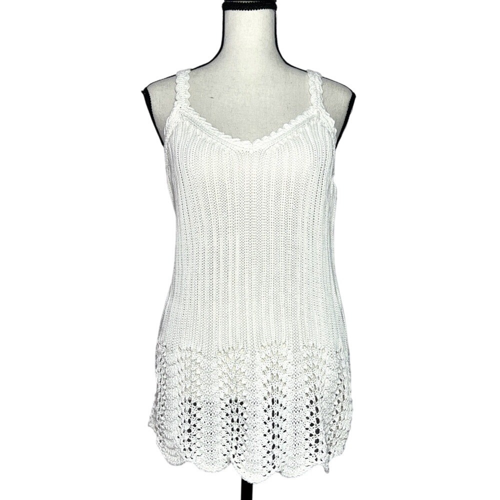 Evelyn Crochet White Tank Top XL Beach Boho Summer Open Knit